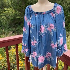 Ali miles Tencel Peasant top tunic rope grommets blues pink floral raw hem L